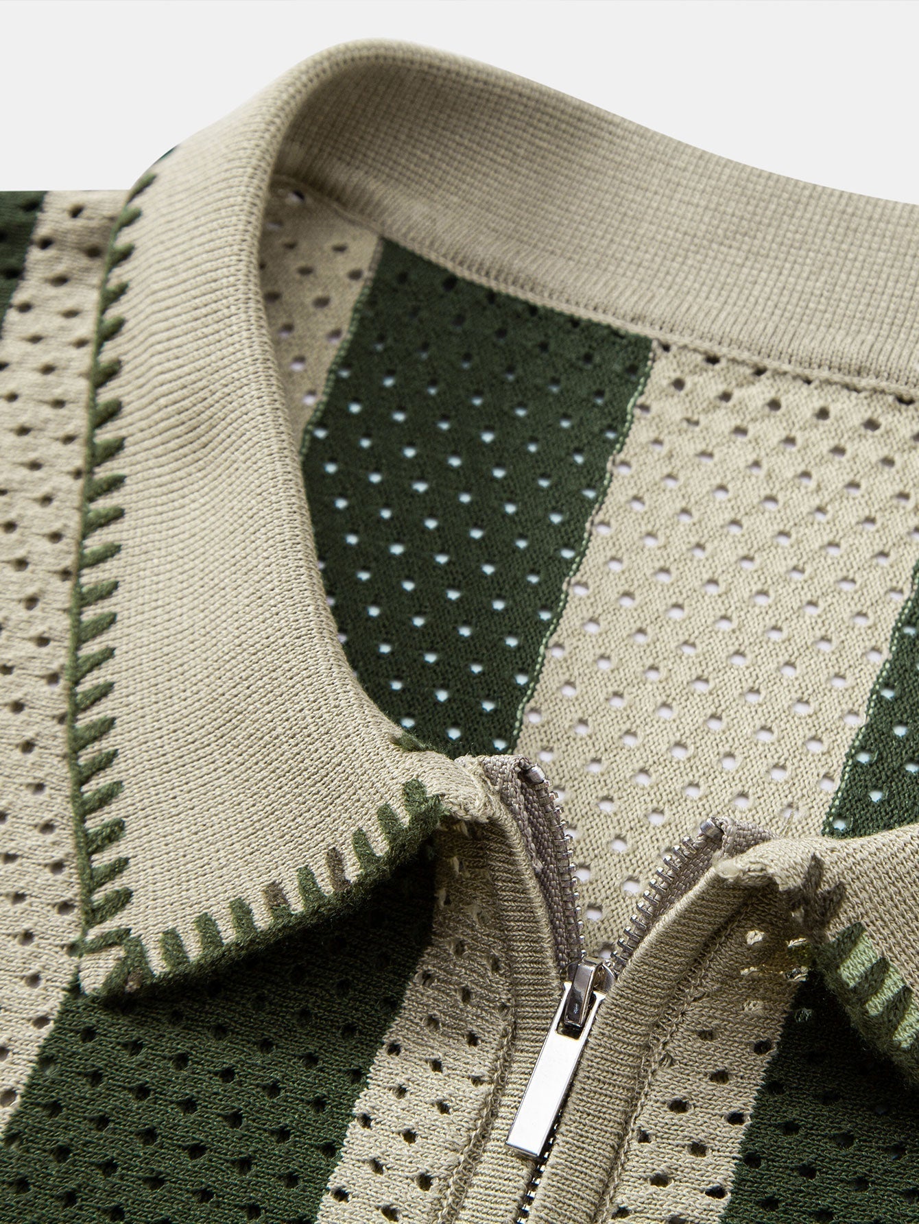 Striped Eyelet Knit Zip Up Polo Shirt & Straight Leg Linen Pants