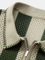 Striped Eyelet Knit Zip Up Polo Shirt & Straight Leg Linen Pants