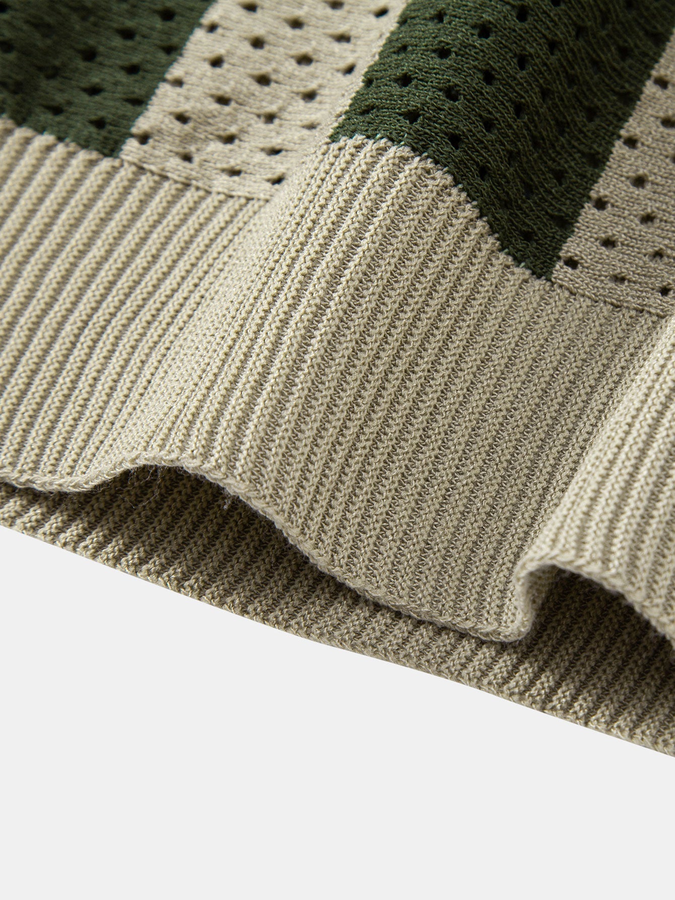 Striped Eyelet Knit Zip Up Polo Shirt & Straight Leg Linen Pants