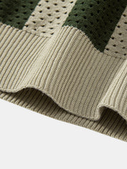 Striped Eyelet Knit Zip Up Polo Shirt & Straight Leg Linen Pants