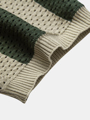 Striped Eyelet Knit Zip Up Polo Shirt & Straight Leg Linen Pants