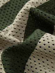 Striped Eyelet Knit Zip Up Polo Shirt & Straight Leg Linen Pants