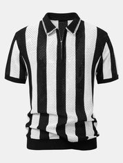 Striped Eyelet Knit Zip Up Polo Shirt & Straight Leg Linen Pants