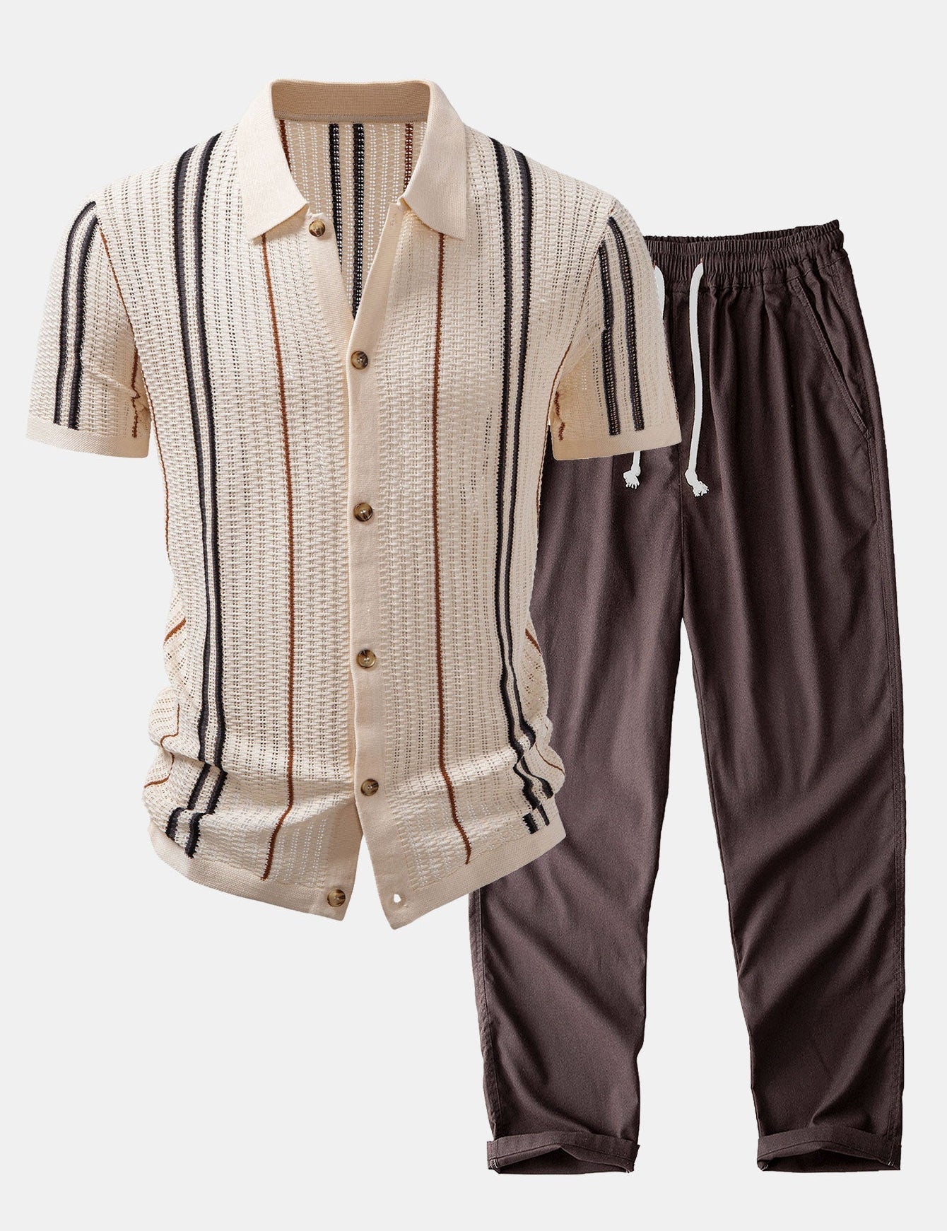 Stripe Crochet Button Up Shirt & Straight Leg Linen Pants