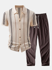 Stripe Crochet Button Up Shirt & Straight Leg Linen Pants