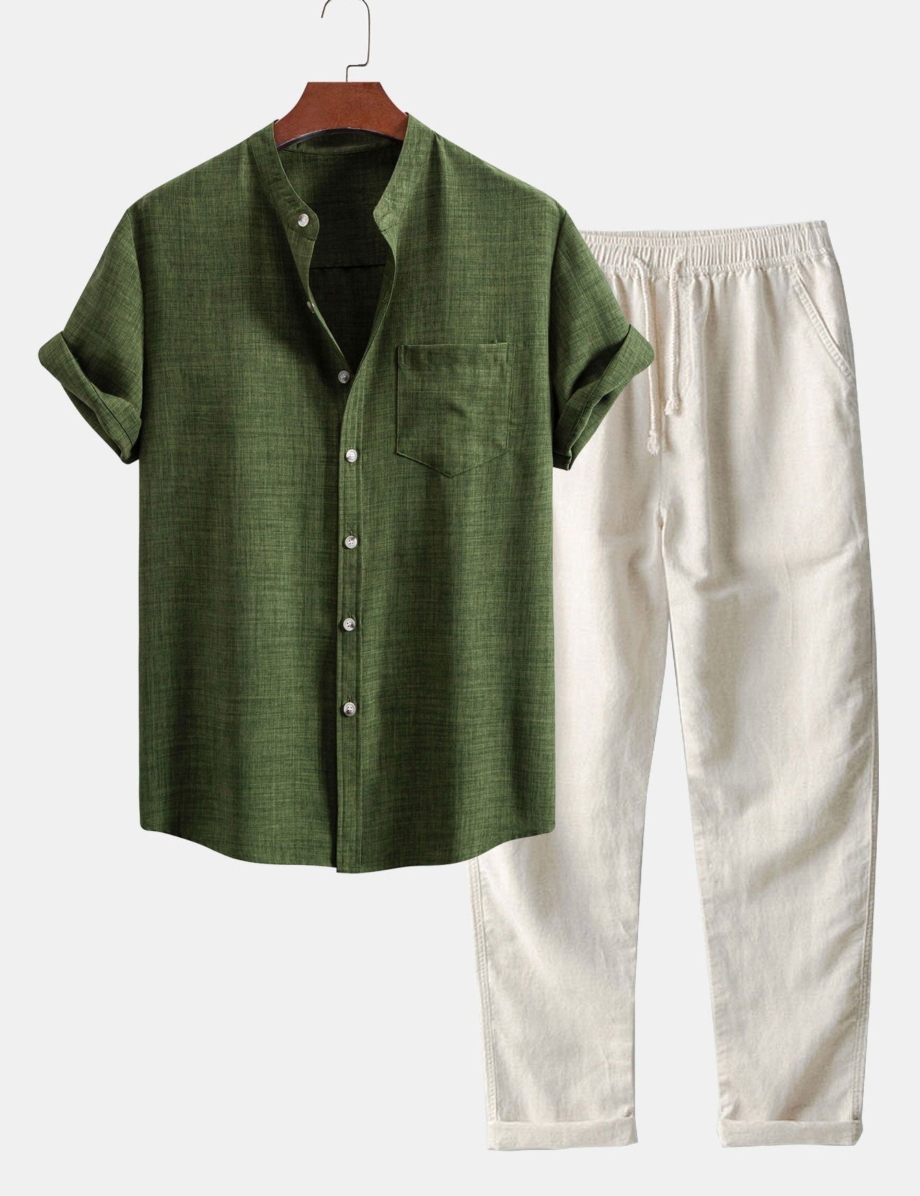 Short Sleeve Stand Collar Shirt & Straight Leg Linen Pants