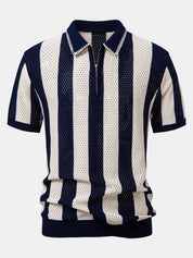 Striped Eyelet Knit Zip Up Polo Shirt & Straight Leg Linen Pants