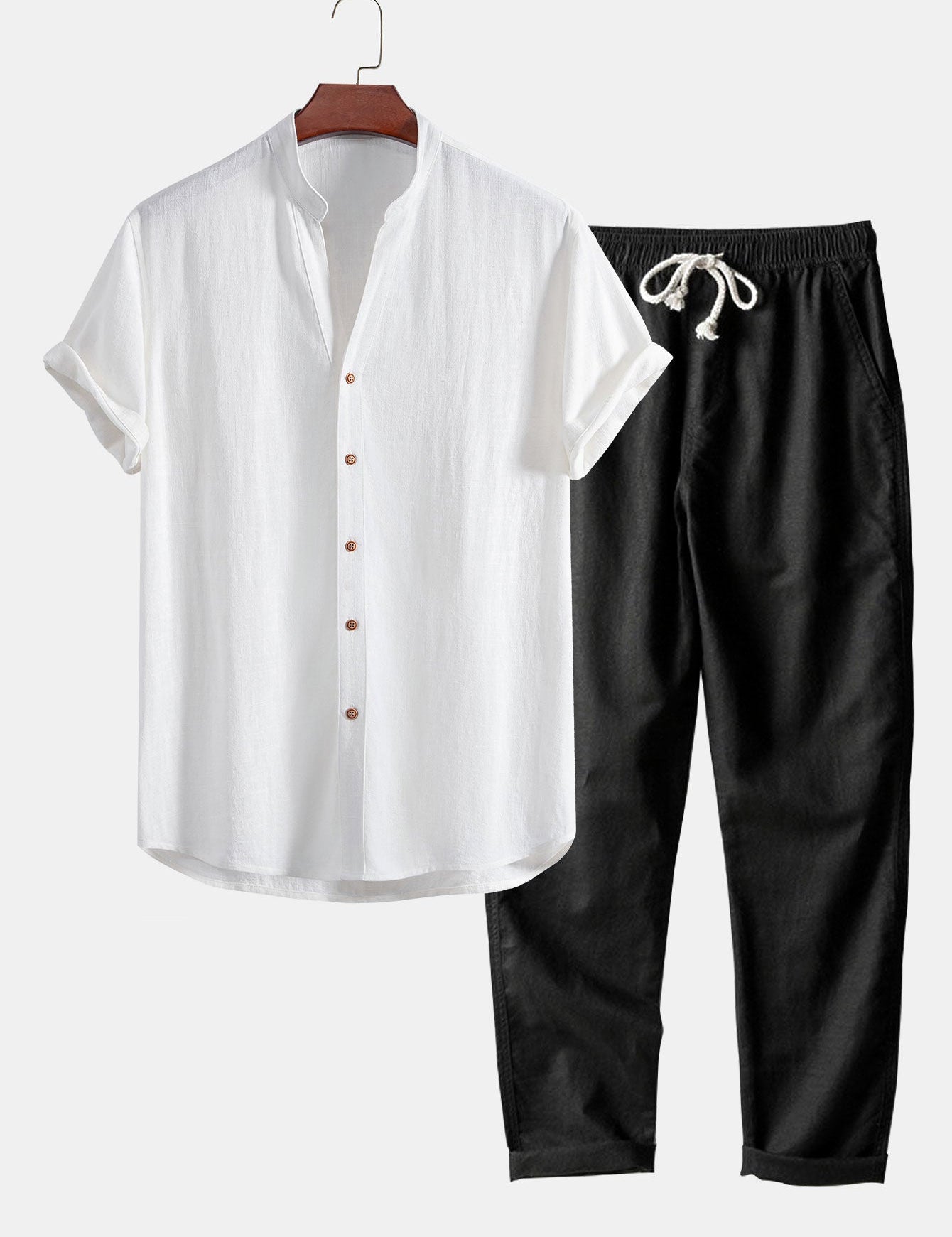 V Neck Linen Rayon Blend Shirt & Straight Leg Linen Pants