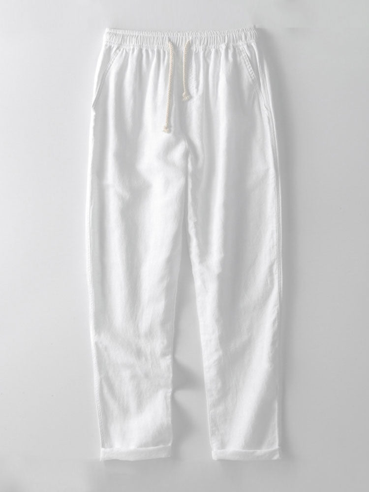 Striped Eyelet Knit Zip Up Polo Shirt & Straight Leg Linen Pants