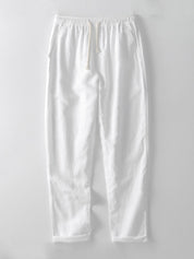 Striped Eyelet Knit Zip Up Polo Shirt & Straight Leg Linen Pants