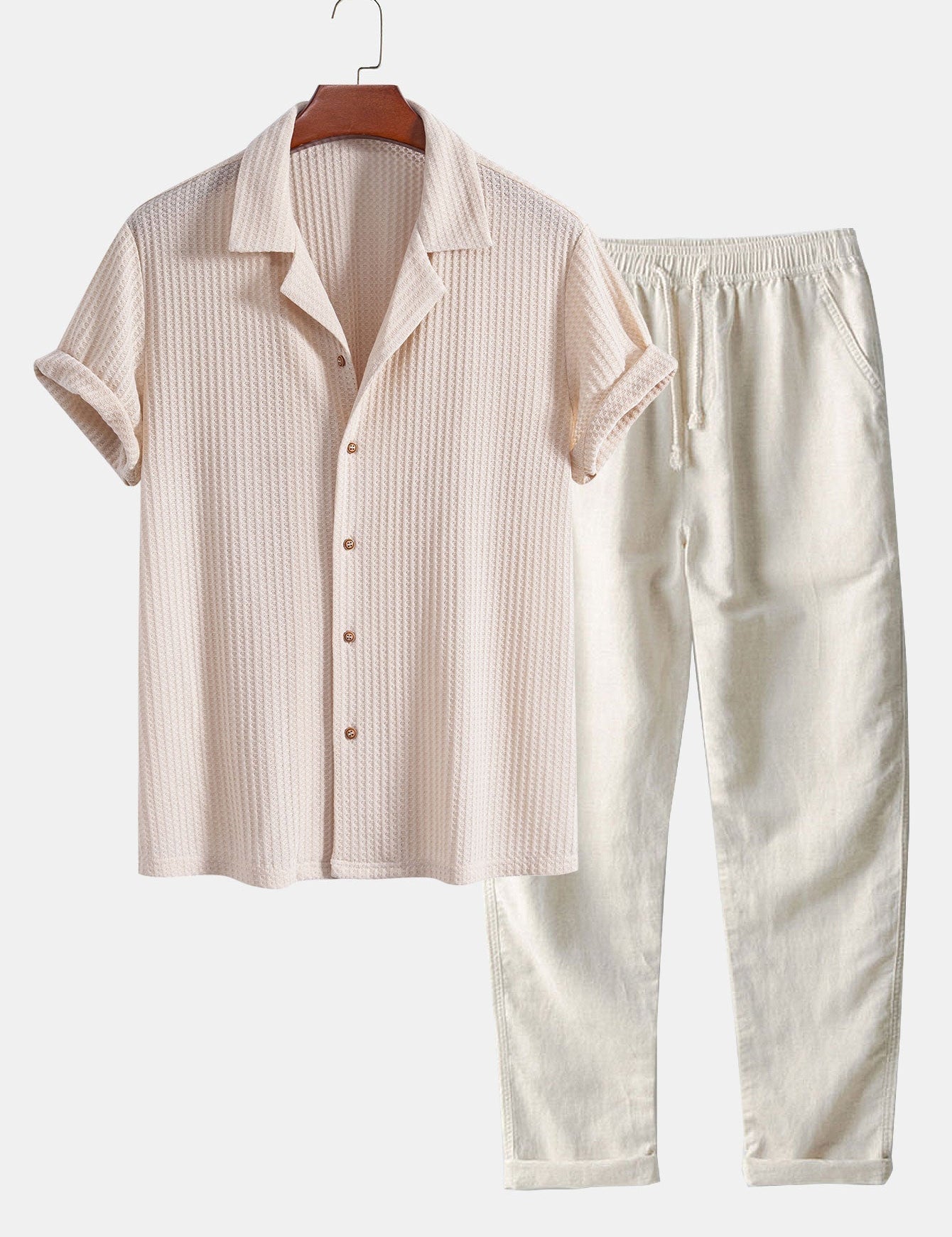 Short Sleeve Knitted Waffle Cuban Shirt & Straight Leg Linen Pants