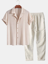 Short Sleeve Knitted Waffle Cuban Shirt & Straight Leg Linen Pants