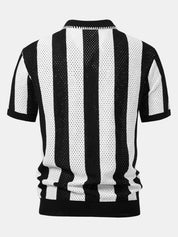 Striped Eyelet Knit Zip Up Polo Shirt & Straight Leg Linen Pants