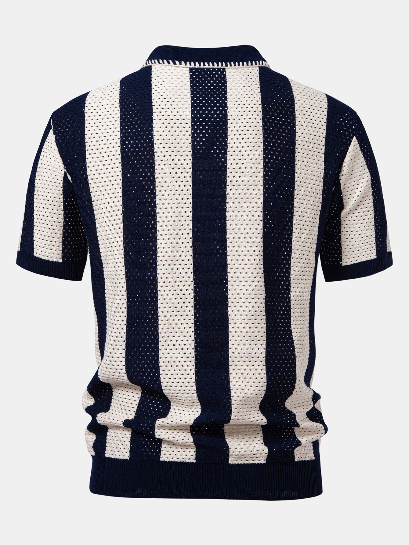 Striped Eyelet Knit Zip Up Polo Shirt & Straight Leg Linen Pants