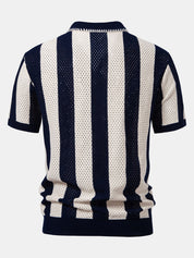 Striped Eyelet Knit Zip Up Polo Shirt & Straight Leg Linen Pants