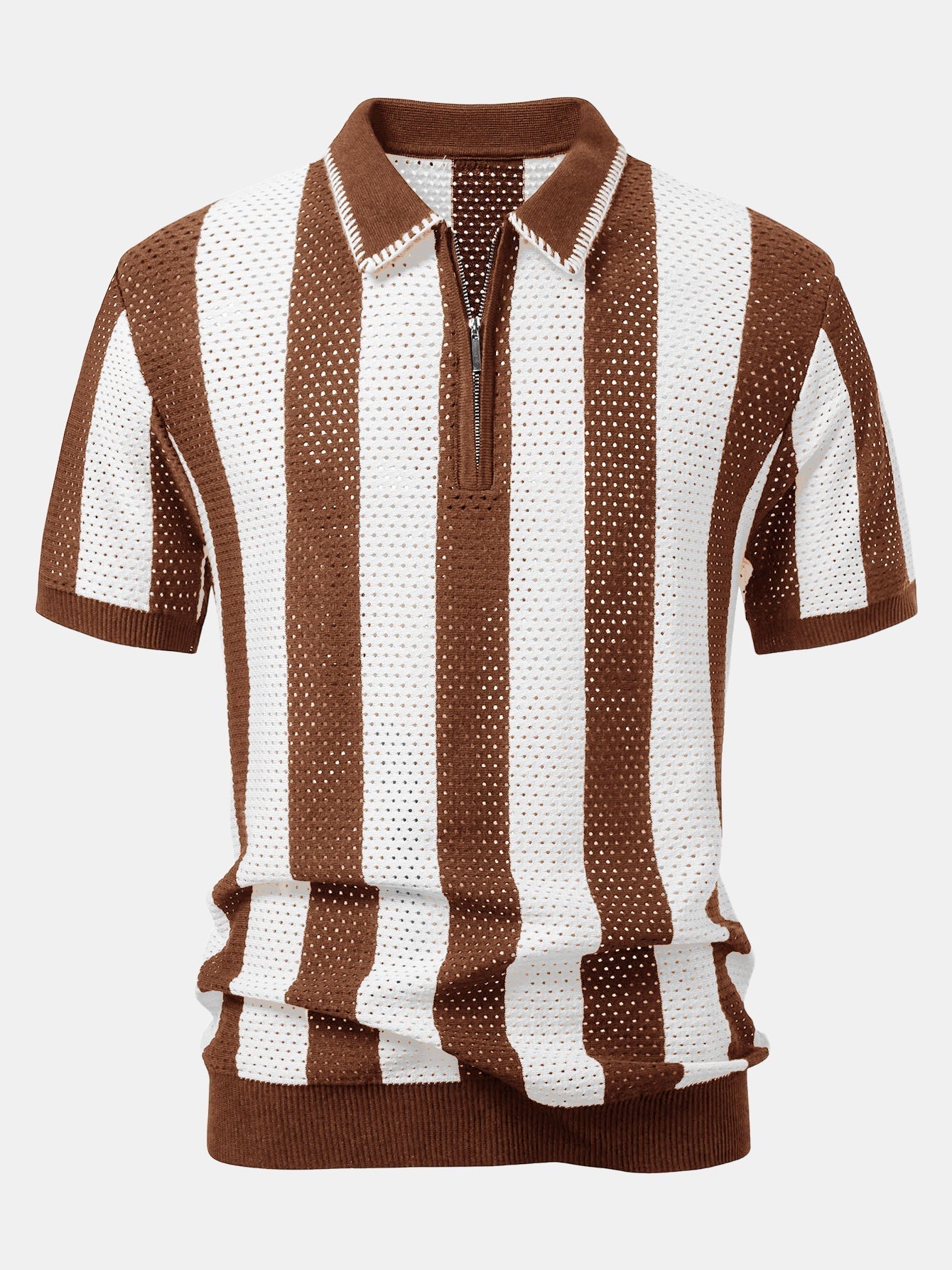 Striped Eyelet Knit Zip Up Polo Shirt & Straight Leg Linen Pants