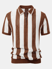 Striped Eyelet Knit Zip Up Polo Shirt & Straight Leg Linen Pants