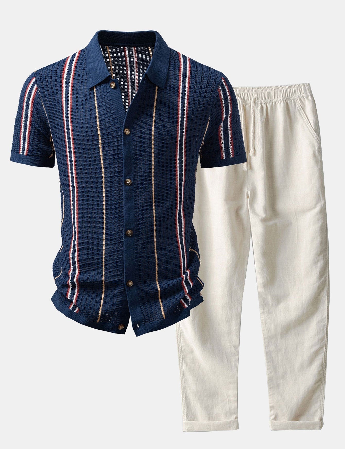 Stripe Crochet Button Up Shirt & Straight Leg Linen Pants