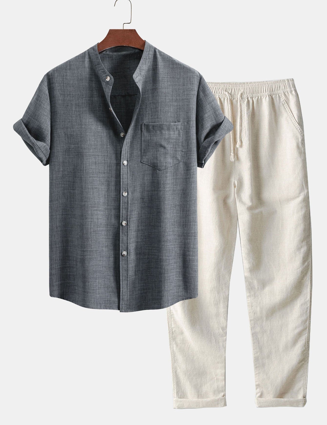 Short Sleeve Stand Collar Shirt & Straight Leg Linen Pants