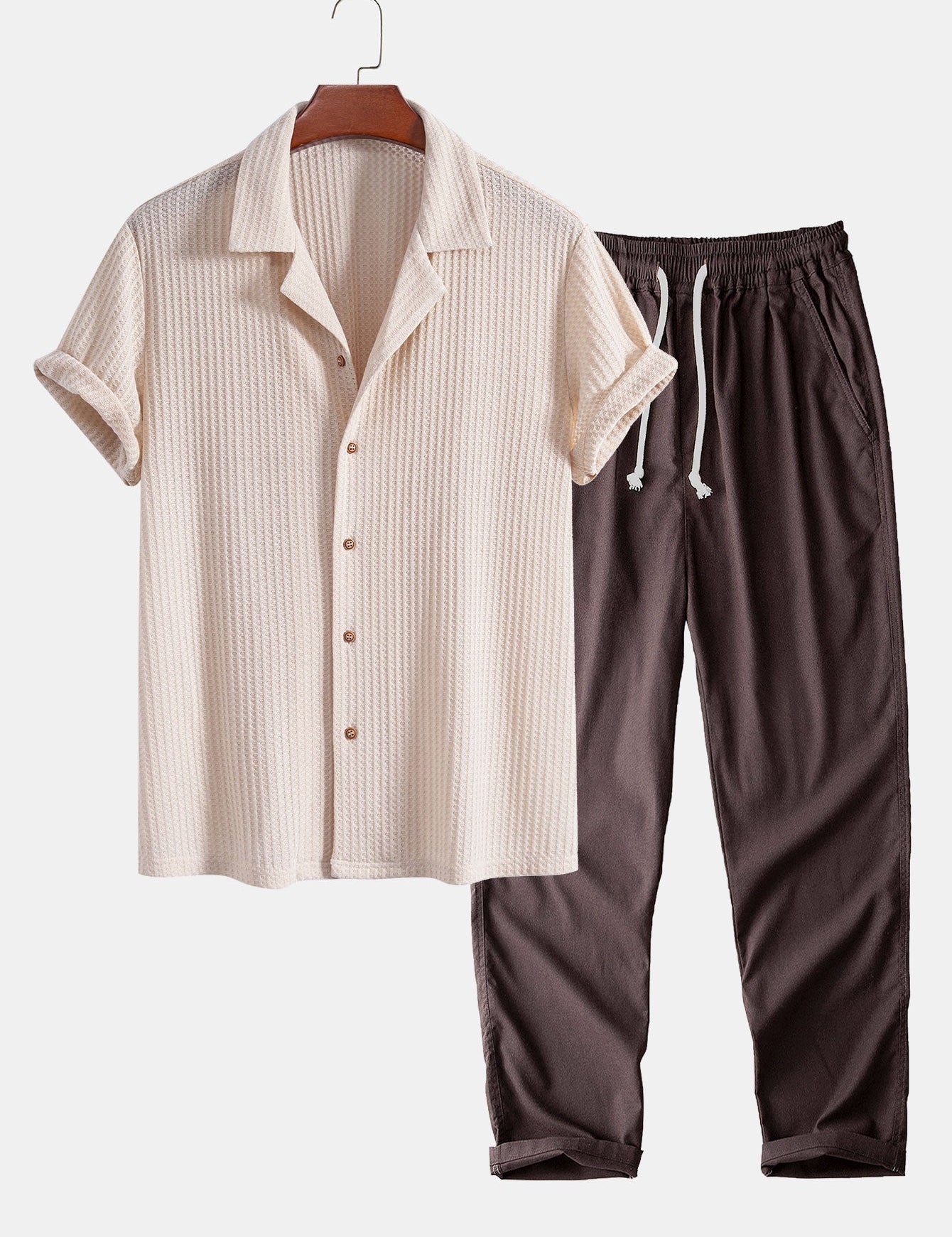 Short Sleeve Knitted Waffle Cuban Shirt & Straight Leg Linen Pants