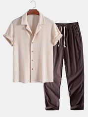 Short Sleeve Knitted Waffle Cuban Shirt & Straight Leg Linen Pants