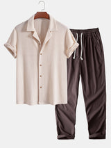 Short Sleeve Knitted Waffle Cuban Shirt & Straight Leg Linen Pants