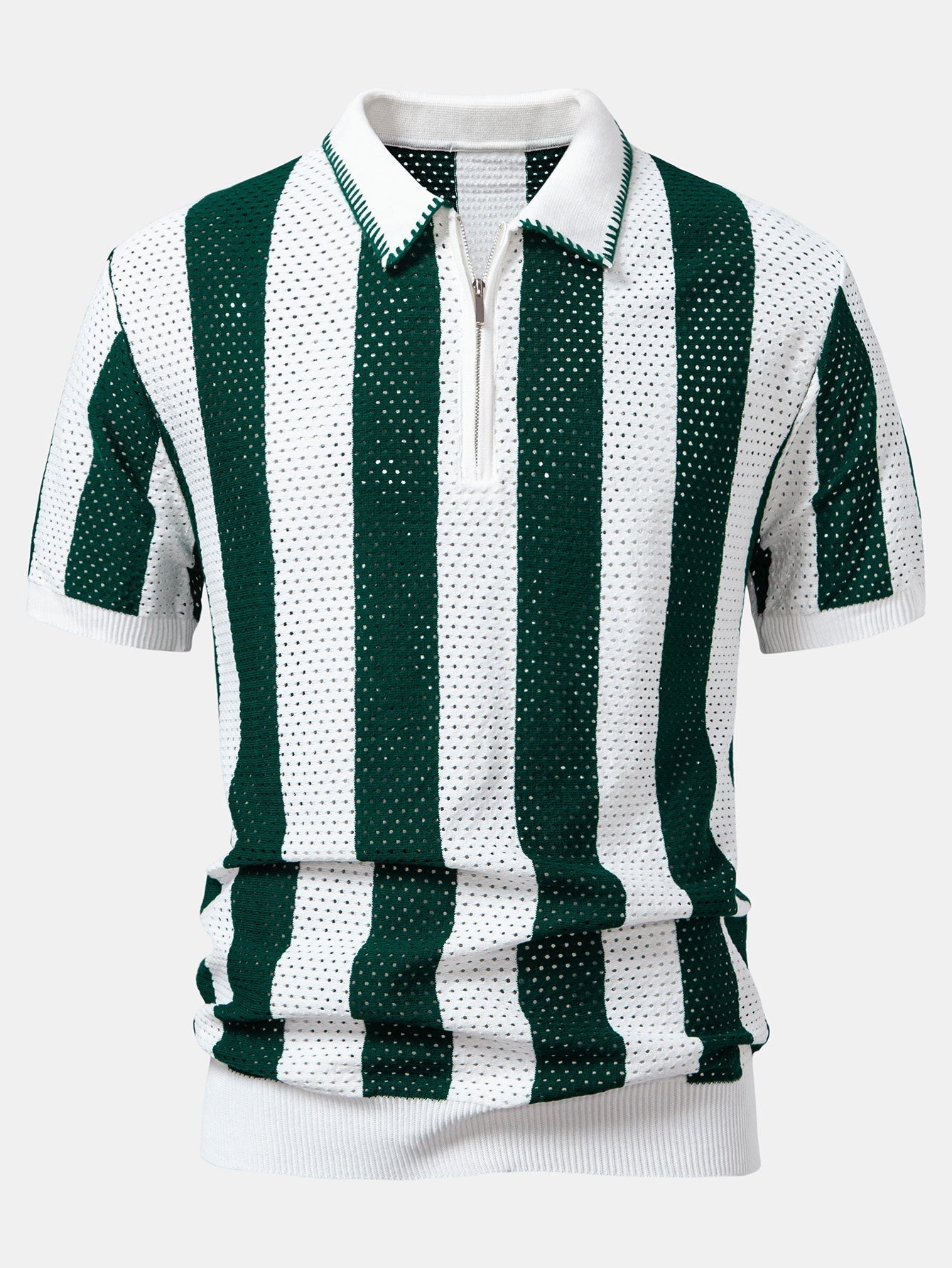 Striped Eyelet Knit Zip Up Polo Shirt & Straight Leg Linen Pants