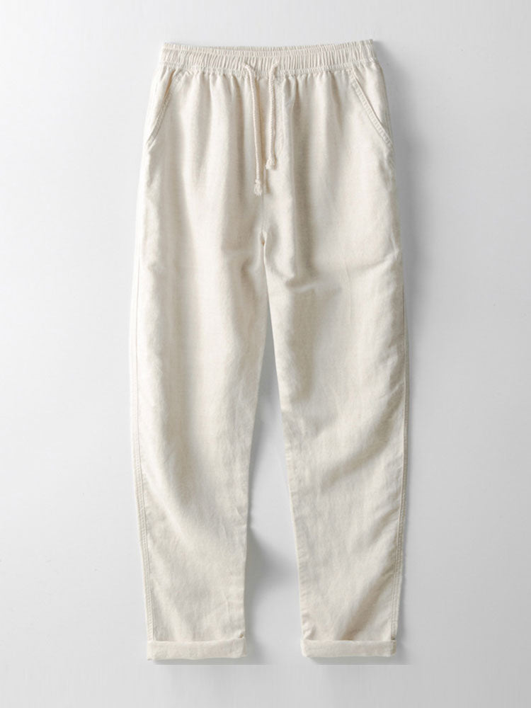 Striped Eyelet Knit Zip Up Polo Shirt & Straight Leg Linen Pants