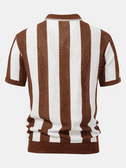 Striped Eyelet Knit Zip Up Polo Shirt & Straight Leg Linen Pants