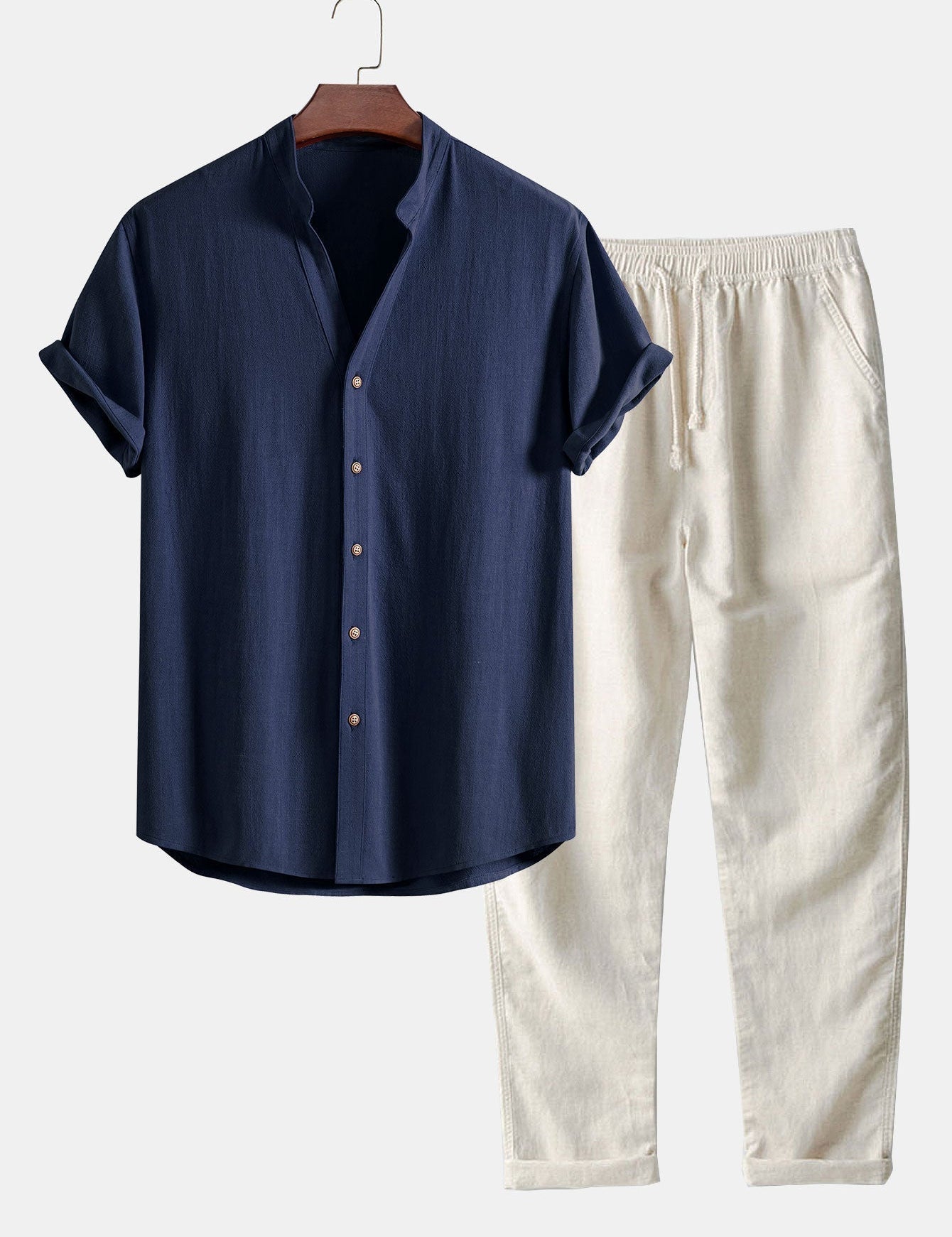 V Neck Linen Rayon Blend Shirt & Straight Leg Linen Pants