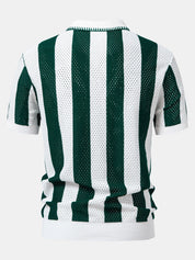 Striped Eyelet Knit Zip Up Polo Shirt & Straight Leg Linen Pants