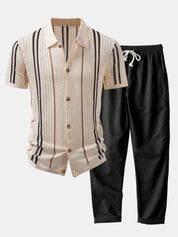 Stripe Crochet Button Up Shirt & Straight Leg Linen Pants