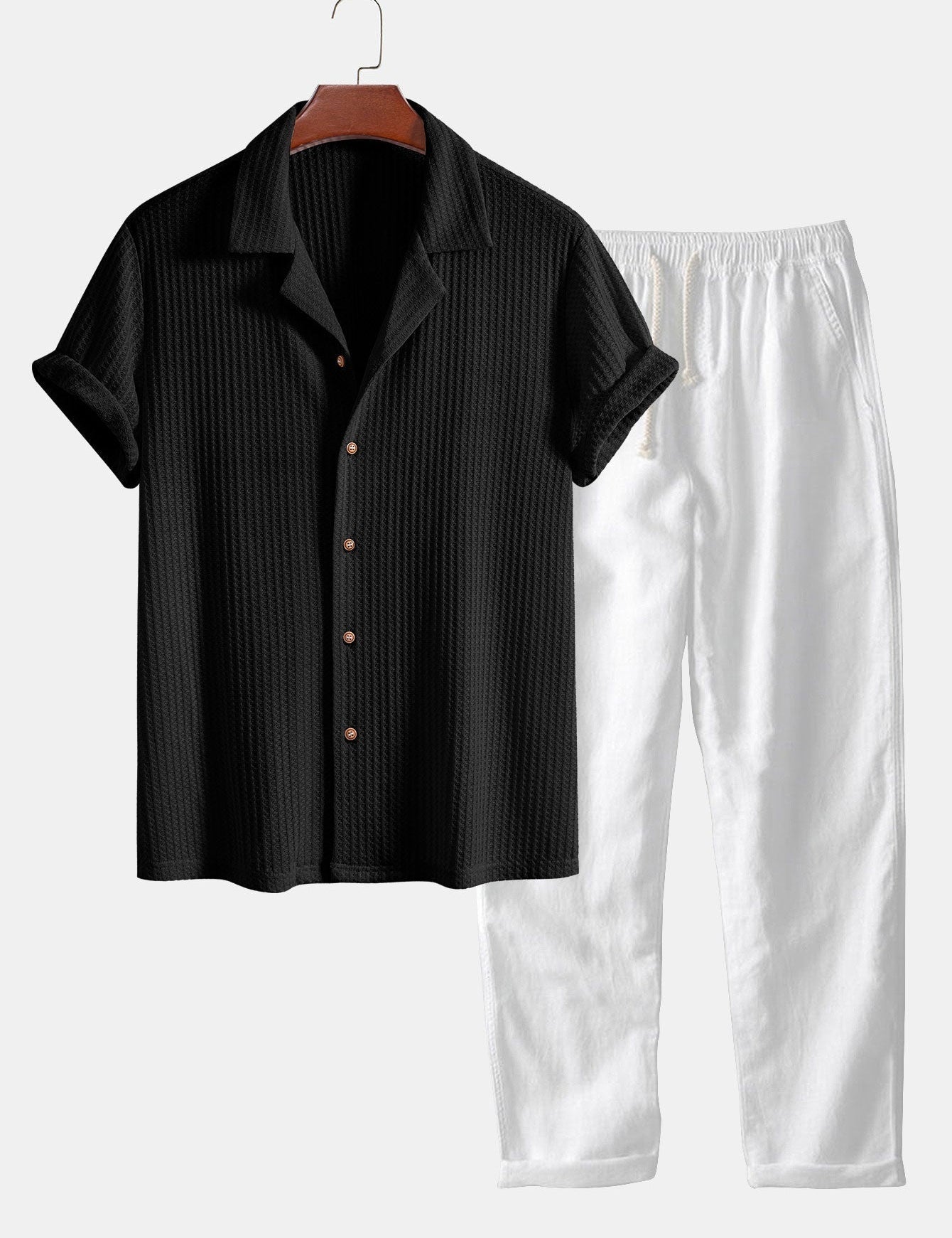 Short Sleeve Knitted Waffle Cuban Shirt & Straight Leg Linen Pants