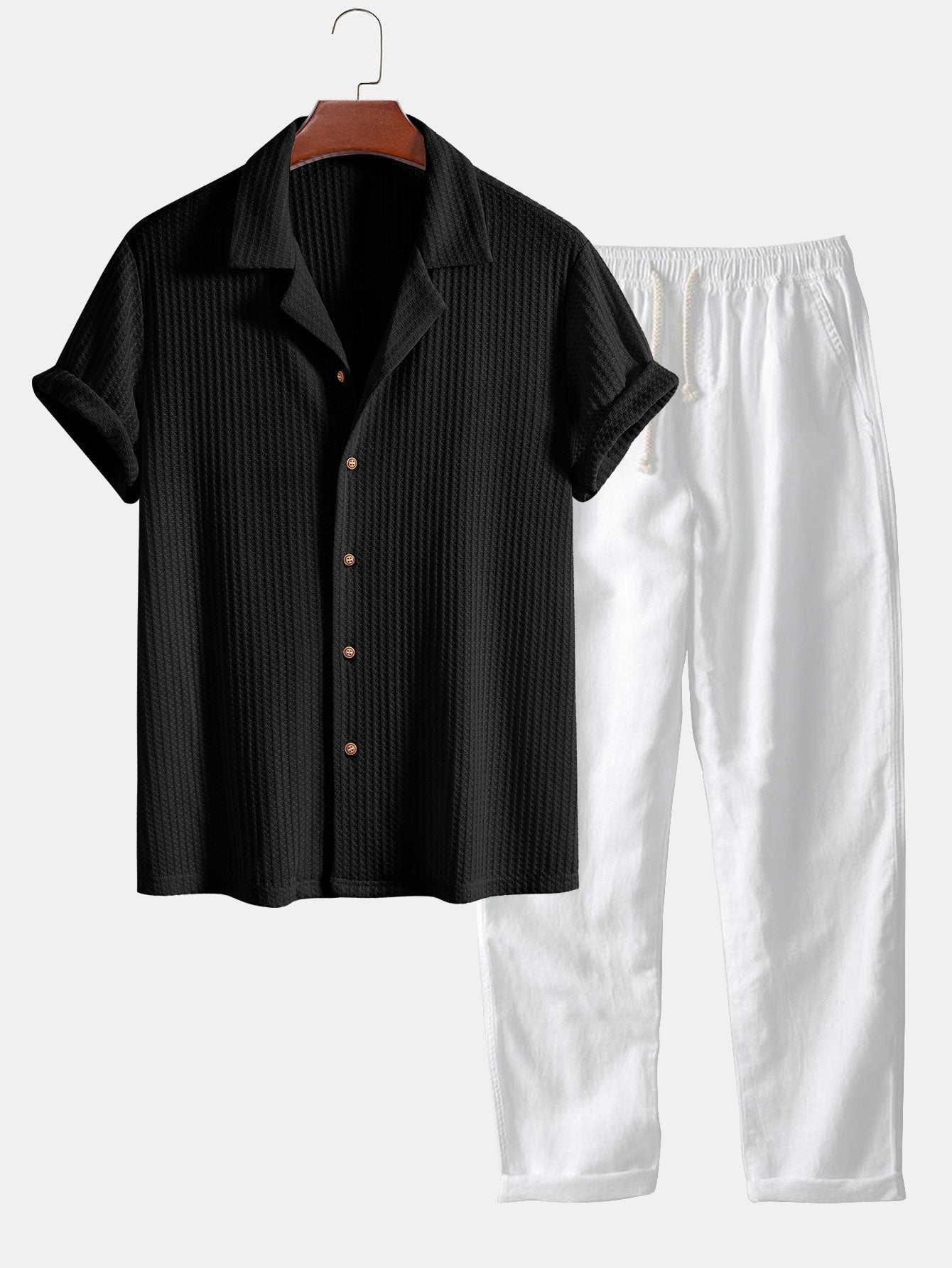 Short Sleeve Knitted Waffle Cuban Shirt & Straight Leg Linen Pants