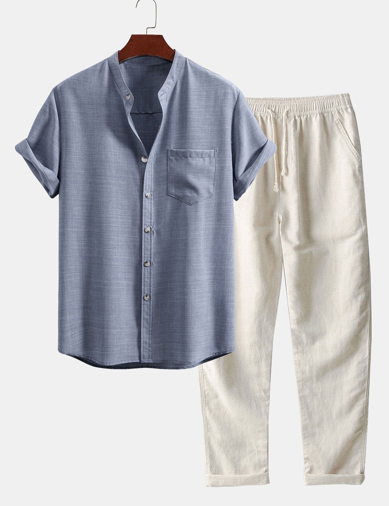 Short Sleeve Stand Collar Shirt & Straight Leg Linen Pants