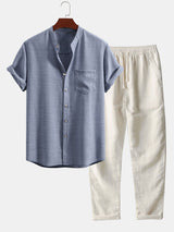 Short Sleeve Stand Collar Shirt & Straight Leg Linen Pants