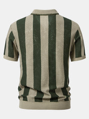 Striped Eyelet Knit Zip Up Polo Shirt & Straight Leg Linen Pants