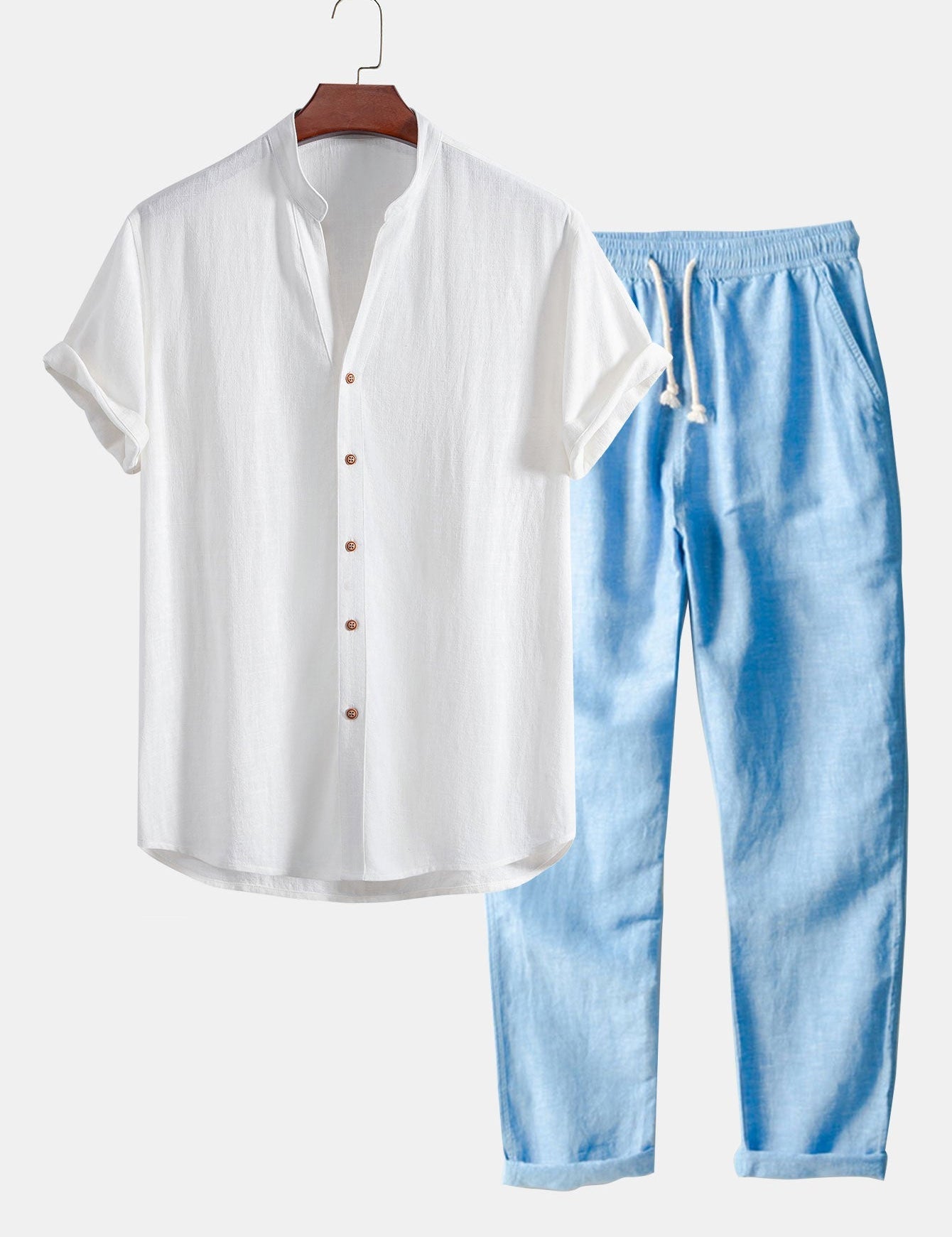V Neck Linen Rayon Blend Shirt & Straight Leg Linen Pants