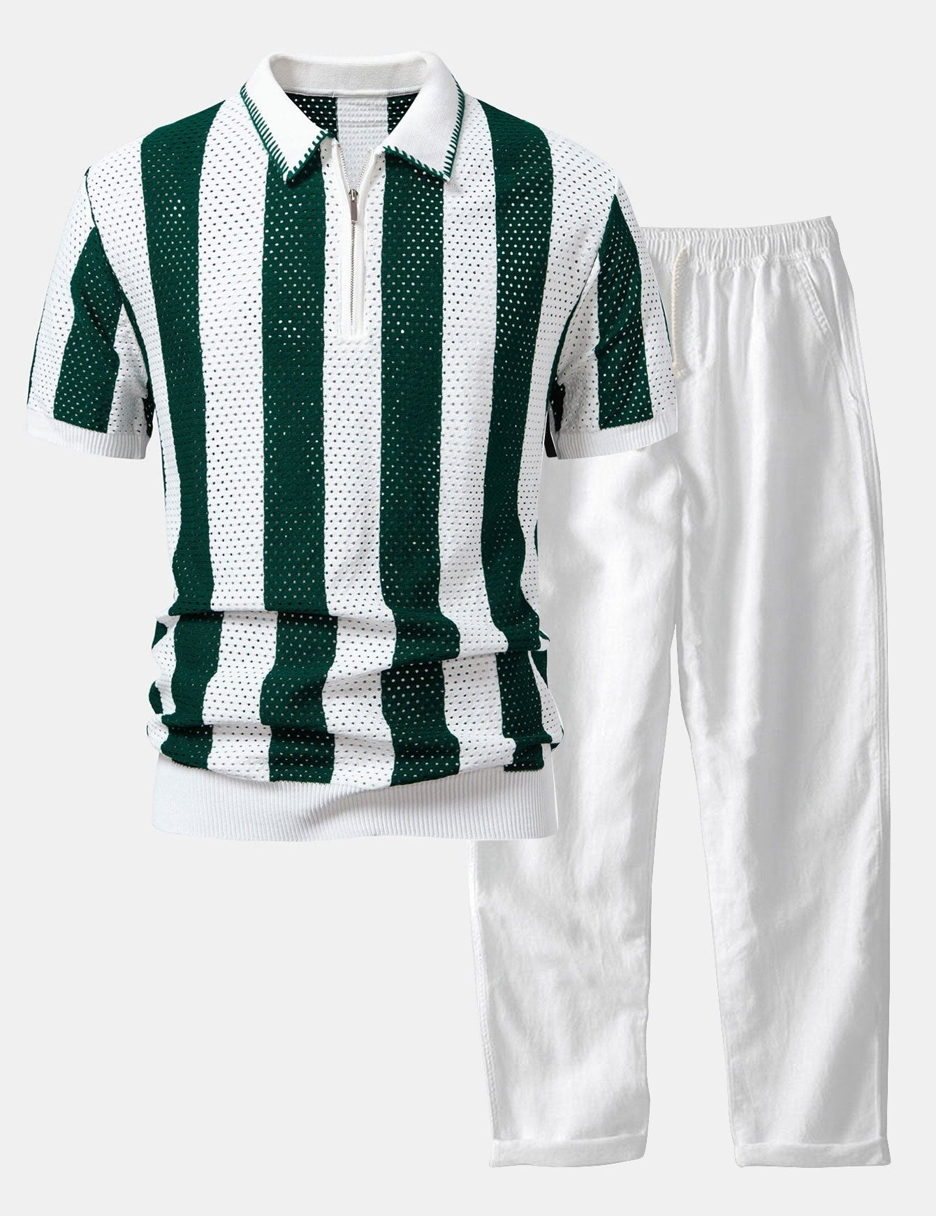 Striped Eyelet Knit Zip Up Polo Shirt & Straight Leg Linen Pants