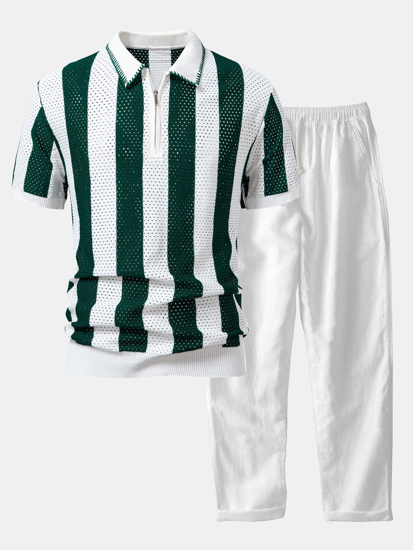 Striped Eyelet Knit Zip Up Polo Shirt & Straight Leg Linen Pants