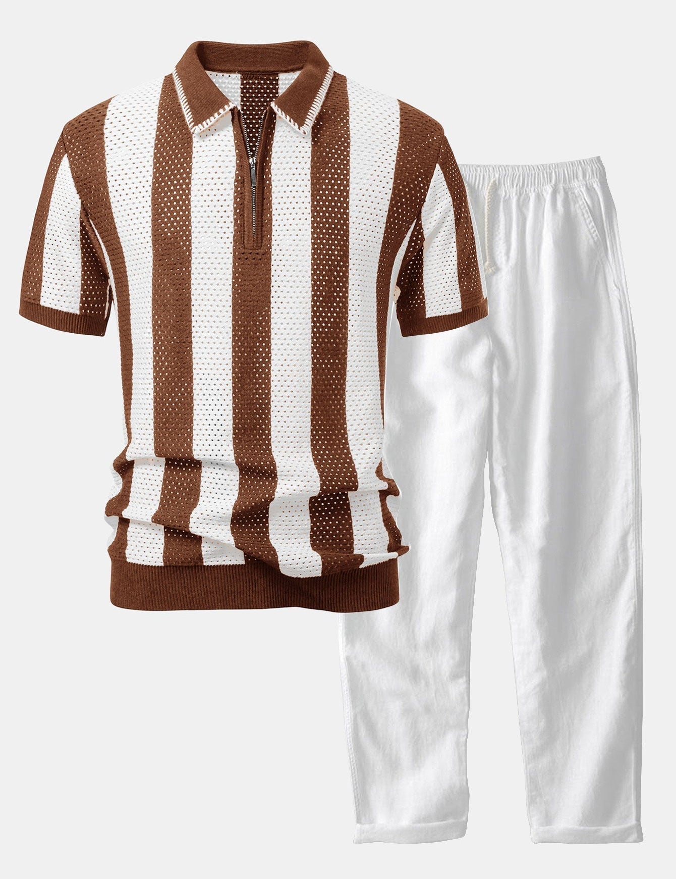 Striped Eyelet Knit Zip Up Polo Shirt & Straight Leg Linen Pants