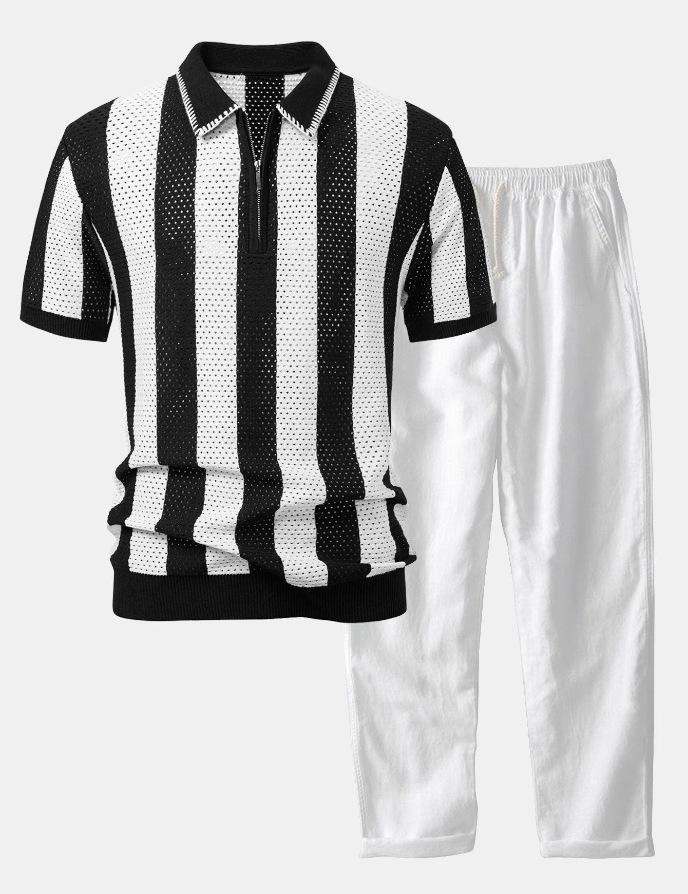 Striped Eyelet Knit Zip Up Polo Shirt & Straight Leg Linen Pants