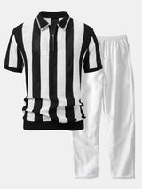 Striped Eyelet Knit Zip Up Polo Shirt & Straight Leg Linen Pants