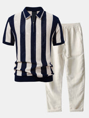 Striped Eyelet Knit Zip Up Polo Shirt & Straight Leg Linen Pants